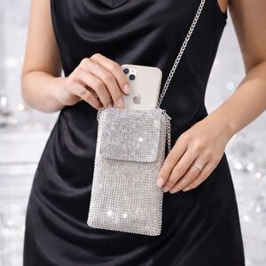 Rhinestone Phone Crossbody Bag Sparkly Diamond Crystal Mini Purse Silver Evenin
